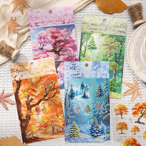 Retro Goldprägung PET Wasserdichte Aufkleber Set Natur Baum Landschaft Tagebuch DIY Dekorative Scrapbooking Schreibwaren