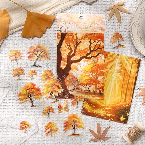 Retro Goldprägung PET Wasserdichte Aufkleber Set Natur Baum Landschaft Tagebuch DIY Dekorative Scrapbooking Schreibwaren