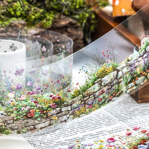 Vintage Green Field Flower Wall PET Tape Nature Landscape Stone Wall Decorative Tape For Scrapbooking Journaling DIY Crafts