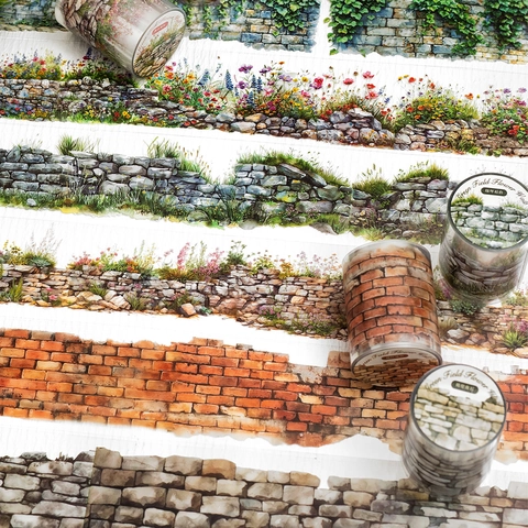 Vintage Green Field Flower Wall PET Tape Nature Landscape Stone Wall Decorative Tape For Scrapbooking Journaling DIY Crafts