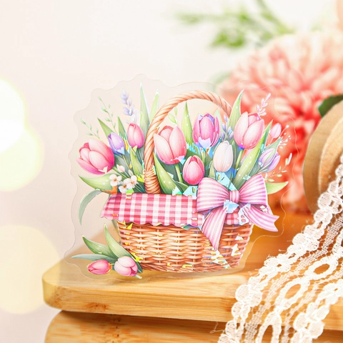 Pegatinas Vintage de PET de Cesta de Flores para Scrapbooking DIY Diario Pegatinas Decorativas Impermeables Brillo de Concha