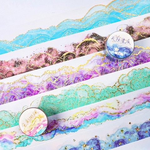 Aquarell Goldprägung PET Dekoratives Klebeband Color Paradise Serie Abstrakt Sternenhimmel Washi Tape Für DIY Journaling Scrapbooking