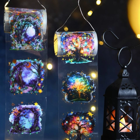 Firefly Night Dreamy Forest Starry Sky PET Decorative Tape Vintage Lamp Pattern DIY Journaling Scrapbooking Sticker Tape