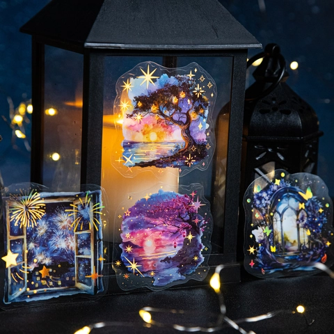 Firefly Night Dreamy Forest Starry Sky PET Decorative Tape Vintage Lamp Pattern DIY Journaling Scrapbooking Sticker Tape