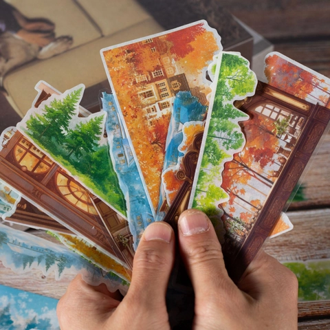 Paquete de Pegatinas de Papel Washi PET Vintage Tema Cuatro Estaciones Paisaje Arquitectura Pegatinas Decorativas para Diario