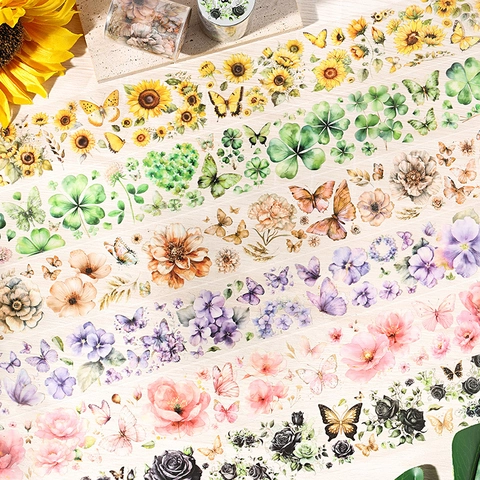 Nastro Decorativo in PET con Fiori e Farfalle Impermeabile Vintage Washi Tape per Scrapbooking Journaling Fai da Te