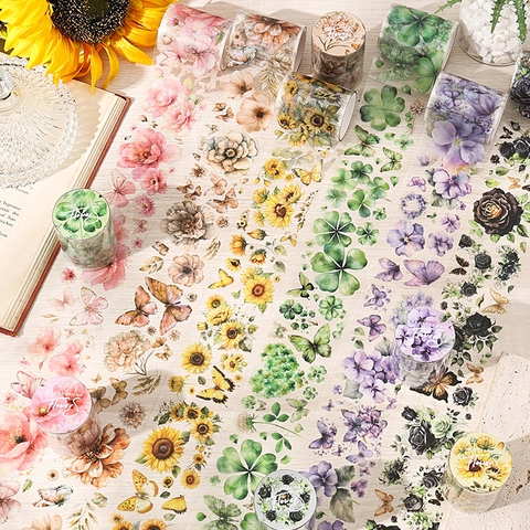 Nastro Decorativo in PET con Fiori e Farfalle Impermeabile Vintage Washi Tape per Scrapbooking Journaling Fai da Te
