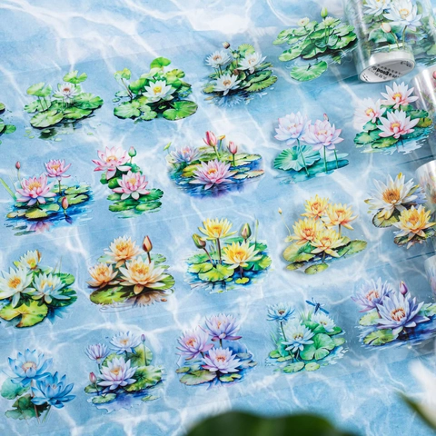 Vintage Zomer Lotusaura PET Decoratieve Tape Waterdichte Transparante Bloem Patroon Sticker Voor Journaling Scrapbooking DIY Knutselen