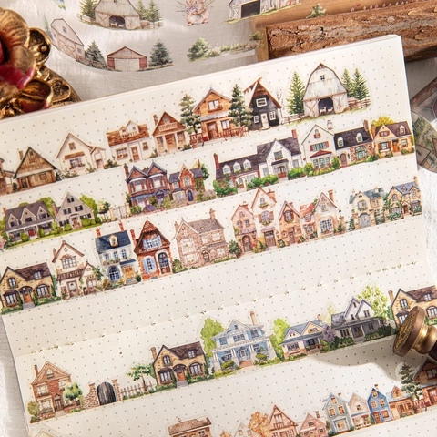 Vintage European House Landscape PET Tape For Journaling DIY Decoration Watercolor Scenery Die Cut Scrapbooking Stickers