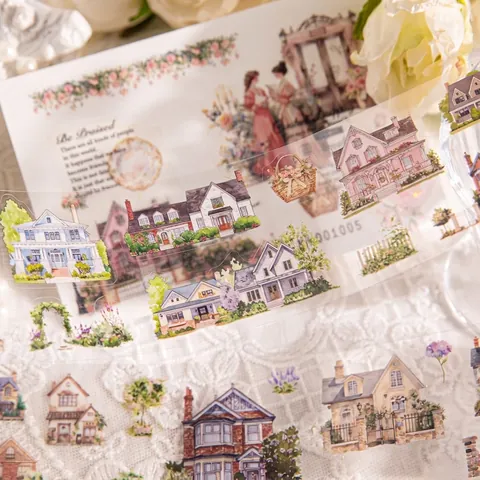 Vintage European House Landscape PET Tape For Journaling DIY Decoration Watercolor Scenery Die Cut Scrapbooking Stickers