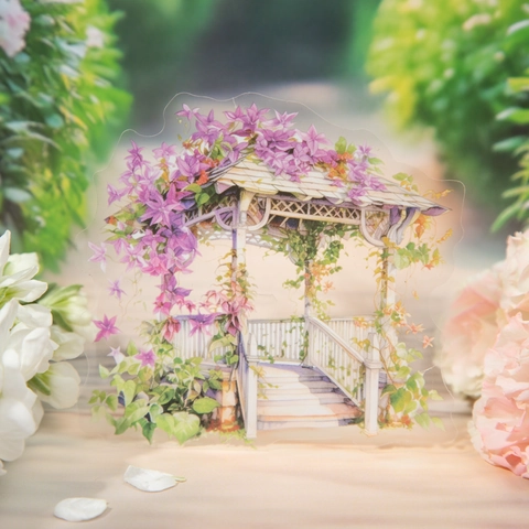 Adesivi PET a Tema Giardino Serie Tenerezza Primaverile Acquerello Floreale Padiglione Fontana Gatto Adesivi Decorativi per Scrapbooking