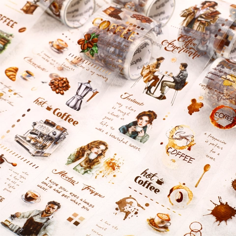 Retro Coffee Town Series PET Die Cut Decorative Tape Vintage Illustration Coffee Theme Journaling Scrapbooking DIY Material Stickers