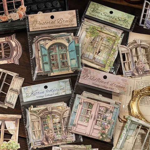Σετ Διακοσμητικών Αυτοκόλλητων Καρτών Vintage Window Story για Scrapbooking Planner DIY Χειροτεχνία Αισθητική Ρετρό Βοτανικά Λουλούδια Γάτα Μοτίβα
