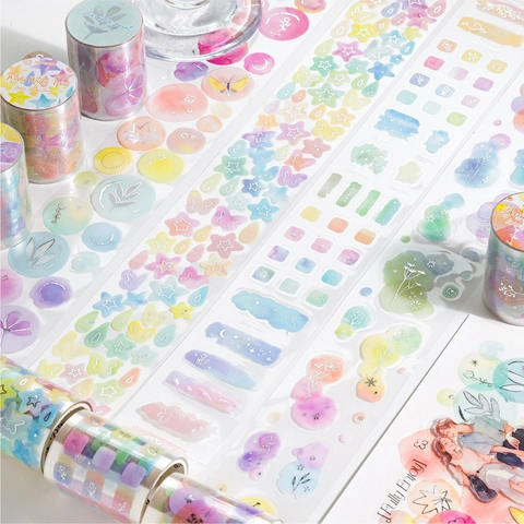 Watercolor Dyeing Dream Series PET Decorative Tape Silver Hot Stamping Die-Cut Stickers For Scrapbooking DIY Journaling Artistic Craft Decor