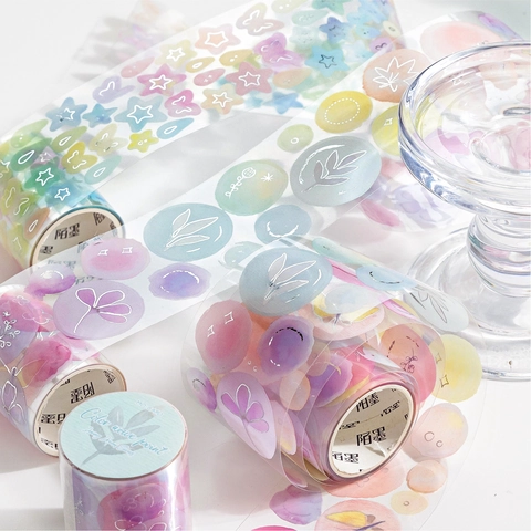 Watercolor Dyeing Dream Series PET Decorative Tape Silver Hot Stamping Die-Cut Stickers For Scrapbooking DIY Journaling Artistic Craft Decor