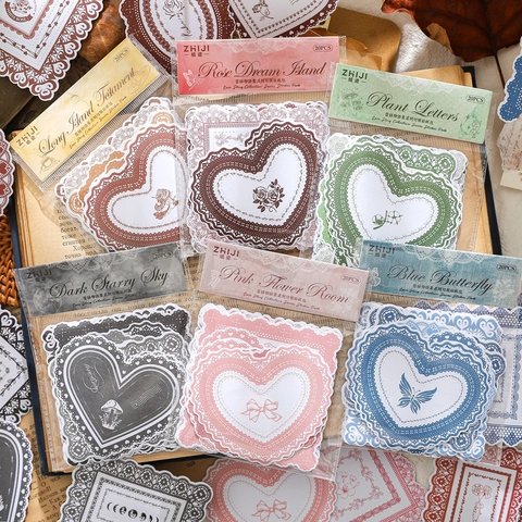 Vintage Lace Story Stickers Adhesive Writing Paper Floral Butterfly Heart Design For Scrapbooking Journaling DIY Arts Crafts