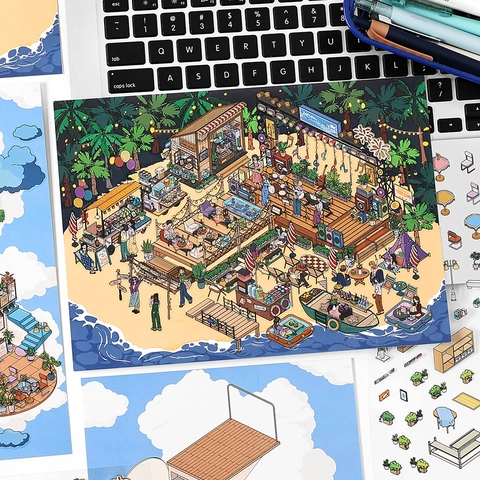 Autocollants de Scène Déco Isométriques pour Scrapbooking DIY Hand Account Cloud Cafe Island Music Festival Stickers PET