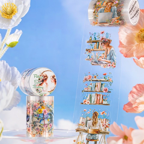 Flower Sea Drifting PET Die-cut Tape Floral Girl Astronaut Pattern Waterproof Washi Tape For Scrapbooking Journaling DIY