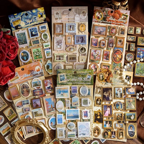 Famous Painting Museum Series 3D Stereoscopic Hard Card Stickers Vintage Masterpiece Oil Painting Frame Scrapbook Decor