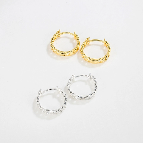 Pendientes de Aro de Plata de Ley 925 Cadena de Eslabones Para Mujer Retro Hip Hop Cadena Retorcida Geométricos Chapado en Oro 18K
