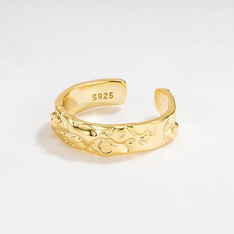 Französischer Minimalist 925 Sterlingsilber Unregelmäßiger Verstellbarer Ring Für Damen 18K Vergoldet Hammerschlag Textur Mode Schmuck