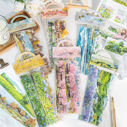 Adesivi Decorativi in PET Serie Paesaggi Naturali Stile Nordico Illustrazione Floreale per Scrapbooking Fai da Te Cancelleria