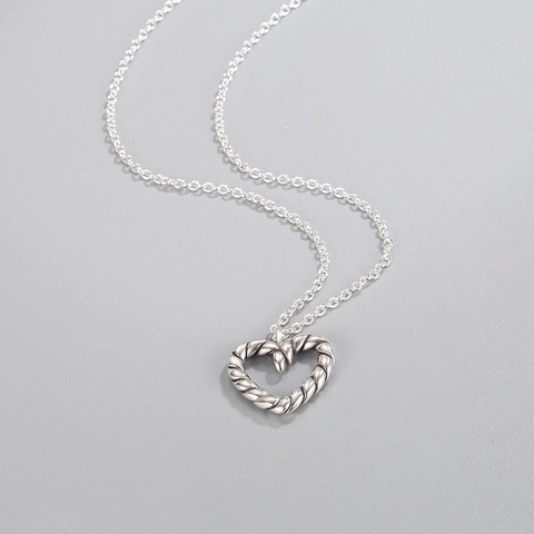 Collar de Corazón de Plata de Ley 925 para Mujer Textura de Cuerda Retorcida Vintage Desgastado Cadena de Clavícula Joyería de Moda Regalo