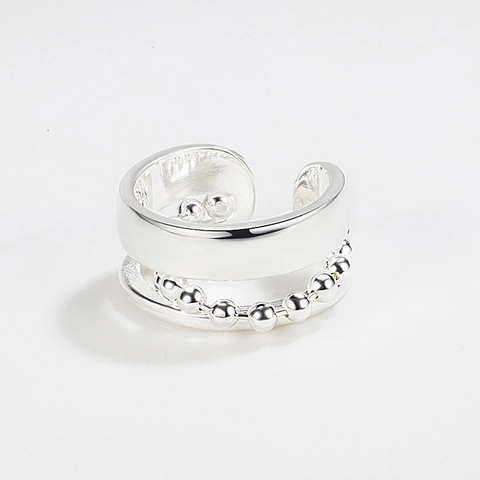 S925 Sterlingsilber Perlenkette Doppelschicht Offener Ring Für Damen Minimalistischer Verstellbarer Geometrischer Fingerring Schmuck
