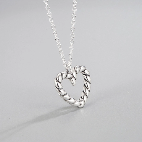 Collar de Corazón de Plata de Ley 925 para Mujer Textura de Cuerda Retorcida Vintage Desgastado Cadena de Clavícula Joyería de Moda Regalo