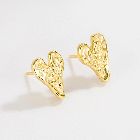 Pendientes de Botón Corazón de Plata de Ley 925 Irregulares Para Mujer Textura de Papel de Aluminio Arrugado Diseño Artístico