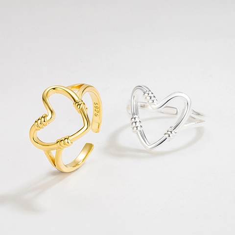 Anillo Abierto de Corazón de Plata de Ley 925 para Mujer Estilo Ins Tejido Calado Ajustable Bañado en Oro de 18K Joyería