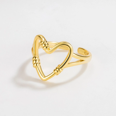 Anillo Abierto de Corazón de Plata de Ley 925 para Mujer Estilo Ins Tejido Calado Ajustable Bañado en Oro de 18K Joyería