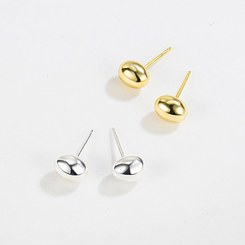 Pendientes de Botón de Frijol de Plata de Ley 925 para Mujer Minimalista Pulido Ovalado Geométrico Bañado en Oro 18K