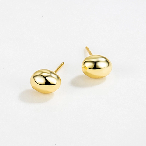 Pendientes de Botón de Frijol de Plata de Ley 925 para Mujer Minimalista Pulido Ovalado Geométrico Bañado en Oro 18K