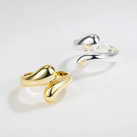 Anillo Ajustable Abierto de Plata de Ley 925 Minimalista para Mujer Chapado en Oro de 18K Diseño de Gota de Agua de Metal Líquido Joyas de Moda