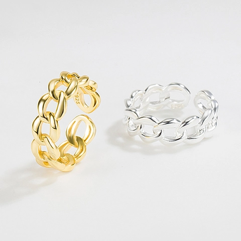 Anillo Abierto de Cadena de Eslabones Cubanos de Plata de Ley 925 para Mujer Estilo INS Vintage Ajustable Joyería Regalo Oro Plata