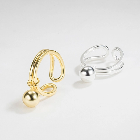 S925 Sterling Silver Double Layer Open Ring Round Ball Pendant Minimalist 18K Gold Plated Adjustable Geometric Finger Jewelry