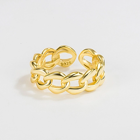 Anillo Abierto de Cadena de Eslabones Cubanos de Plata de Ley 925 para Mujer Estilo INS Vintage Ajustable Joyería Regalo Oro Plata