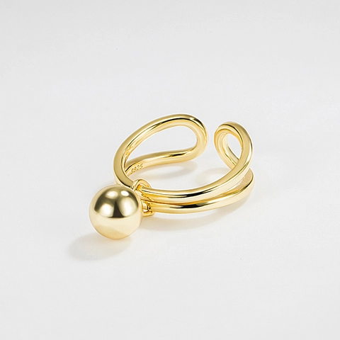S925 Sterling Silver Double Layer Open Ring Round Ball Pendant Minimalist 18K Gold Plated Adjustable Geometric Finger Jewelry