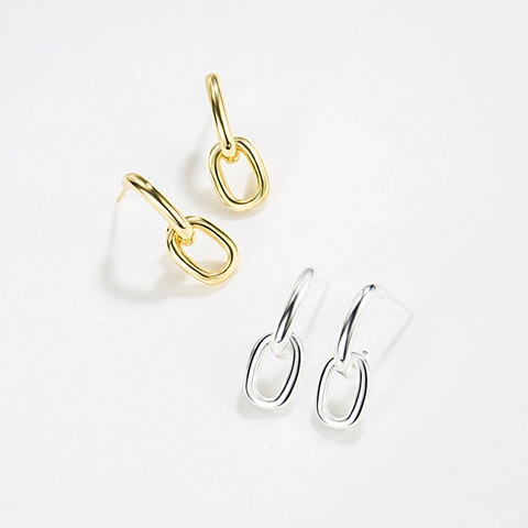 Orecchini a Bottone con Doppia Maglia Ovale Geometrica in Argento Sterling 925 Oro Argento Galvanizzato Catena Minimalista Vintage per Donna