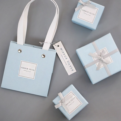 Light Blue Jewelry Gift Box With Satin Ribbon Bow Handbag Elegant Paper Packaging For Necklace Ring Earring Bracelet
