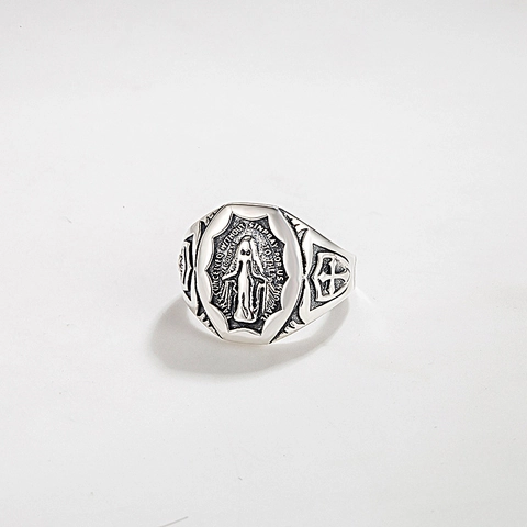 Vintage 925 Sterlingsilber Jungfrau Maria Siegelring Antik Gothic Kreuz Religiöses Band Für Damen Herren Schmuck Geschenk