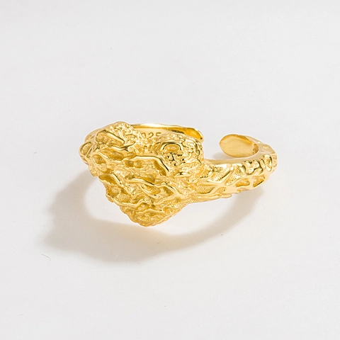 925 Sterlingsilber Unregelmäßiges Herz Offener Ring Für Damen Lava Textur Minimalistisch Verstellbar Herzförmig Gold Silber Ring