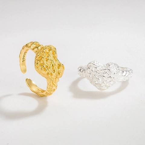 925 Sterlingsilber Unregelmäßiges Herz Offener Ring Für Damen Lava Textur Minimalistisch Verstellbar Herzförmig Gold Silber Ring
