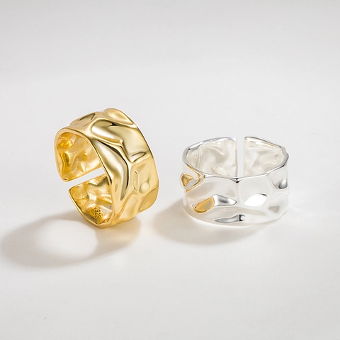 Minimalistisch 925 Sterlingsilber Breiter Ring Für Damen Unregelmäßig Gehämmert Falten Textur Verstellbarer Offener Fingerring Schmuck