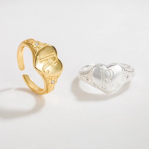 Anillo Abierto de Corazón de Plata de Ley 925 Vintage Con Letra R y Relieve Floral de Diamantes de Imitación Joyería Mujer