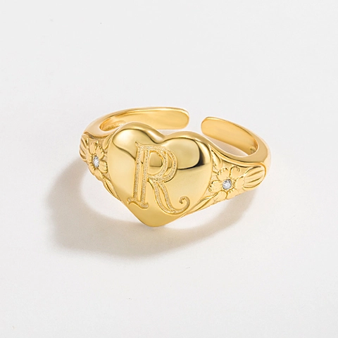 Anillo Abierto de Corazón de Plata de Ley 925 Vintage Con Letra R y Relieve Floral de Diamantes de Imitación Joyería Mujer