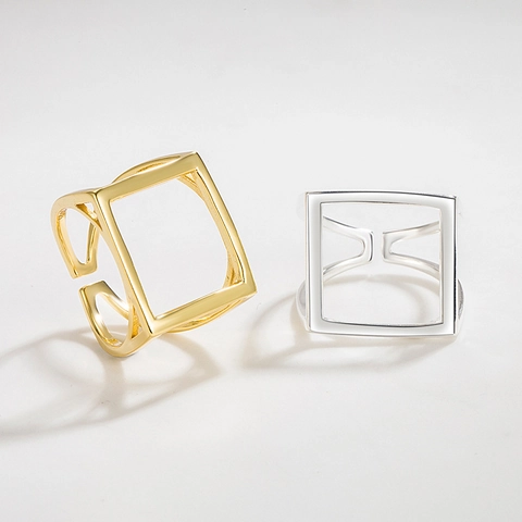 Anillo Abierto Minimalista de Plata de Ley 925 Geométrico Cuadrado Calado para Mujer Anillo de Dedo Ajustable Joyería de Moda