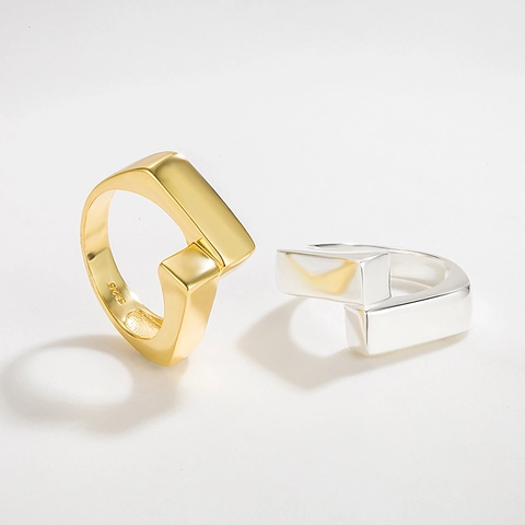 Anillo Abierto Geométrico de Plata de Ley 925 para Mujer Minimalista Chapado en Oro de 18K Doble Bloque Cuadrado Anillo Ajustable Joyería