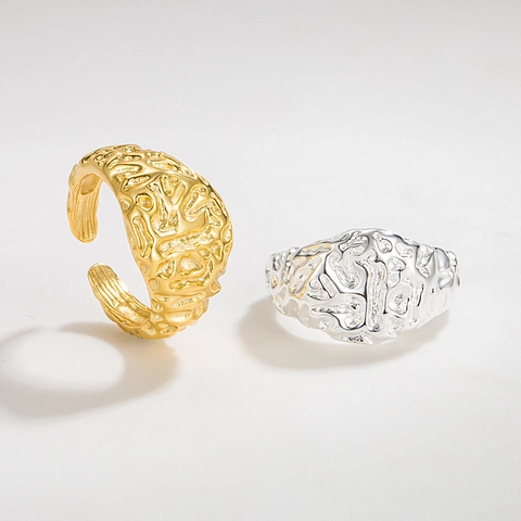 Anillo Abierto de Plata de Ley 925 Geométrico Irregular Textura Martillada Minimalista Textura de Lava Ajustable Anillo de Moda Joyería Mujer